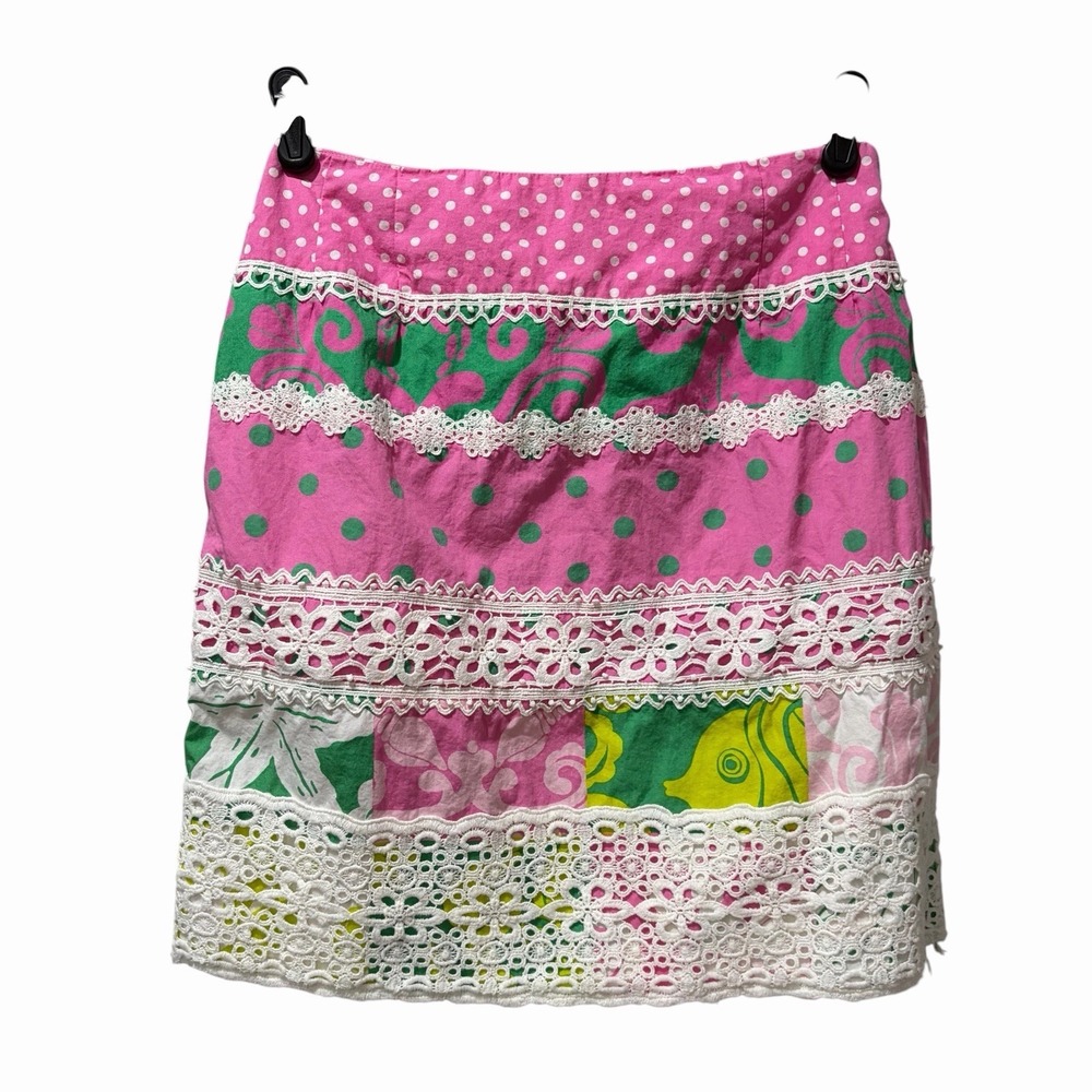 Lilly Pulitzer Multicolor Floral PrintPolka Dot Lace Trim‎ Cotton Skirt 8 Pink
